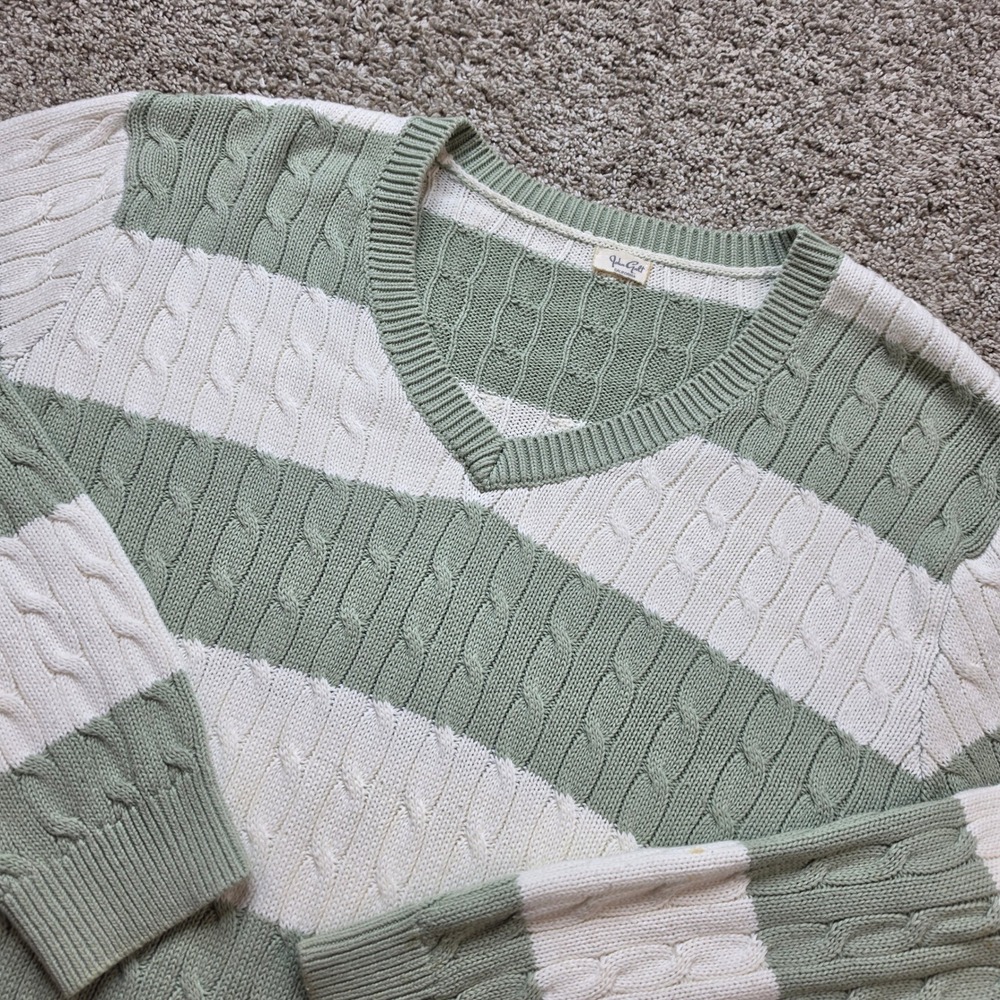 John Galt Brandy Melville Sweater Women OS Green White Striped Cable Knit V-Neck